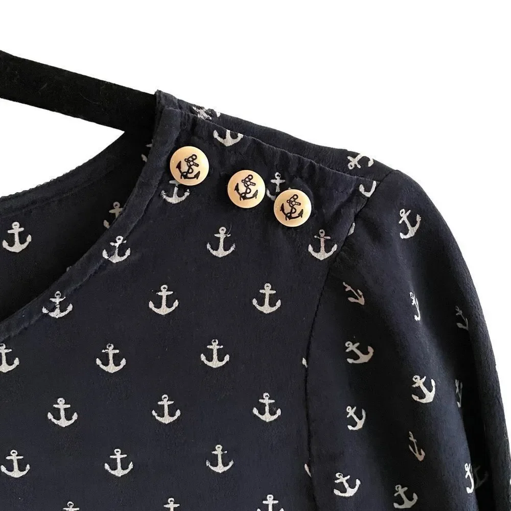 J. CREW Silk Popover Blouse Shirt With Anchor Nautical Print Navy Blue White 0